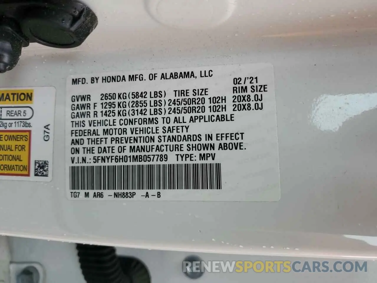 14 Photograph of a damaged car 5FNYF6H01MB057789 HONDA PILOT 2021
