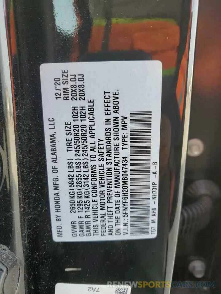 14 Photograph of a damaged car 5FNYF6H20MB047434 HONDA PILOT 2021