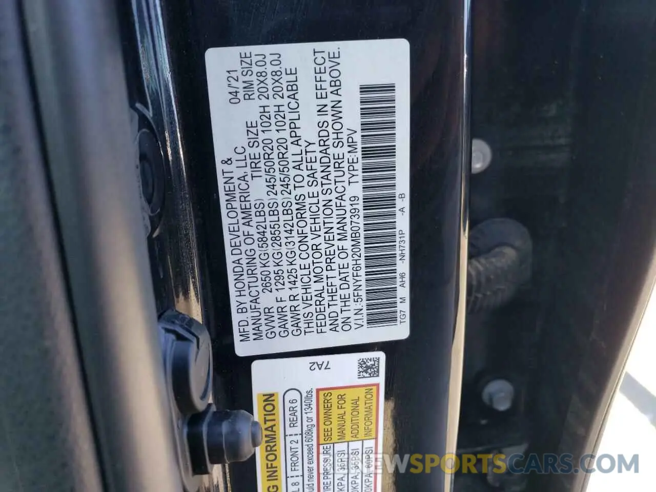12 Photograph of a damaged car 5FNYF6H20MB073919 HONDA PILOT 2021