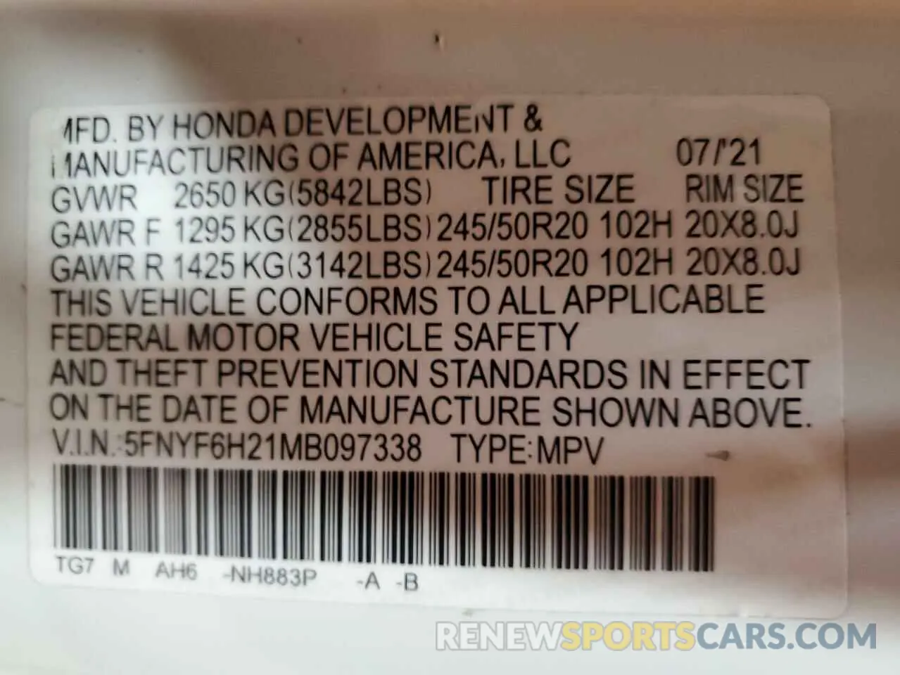 15 Photograph of a damaged car 5FNYF6H21MB097338 HONDA PILOT 2021
