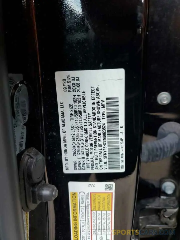 13 Photograph of a damaged car 5FNYF6H22MB023524 HONDA PILOT 2021