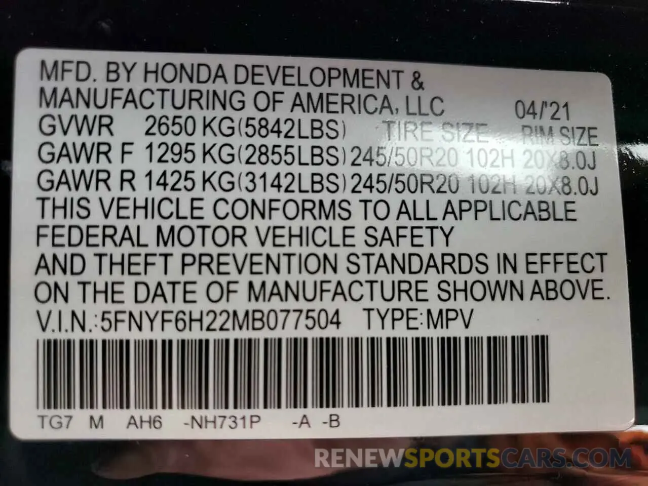 14 Photograph of a damaged car 5FNYF6H22MB077504 HONDA PILOT 2021