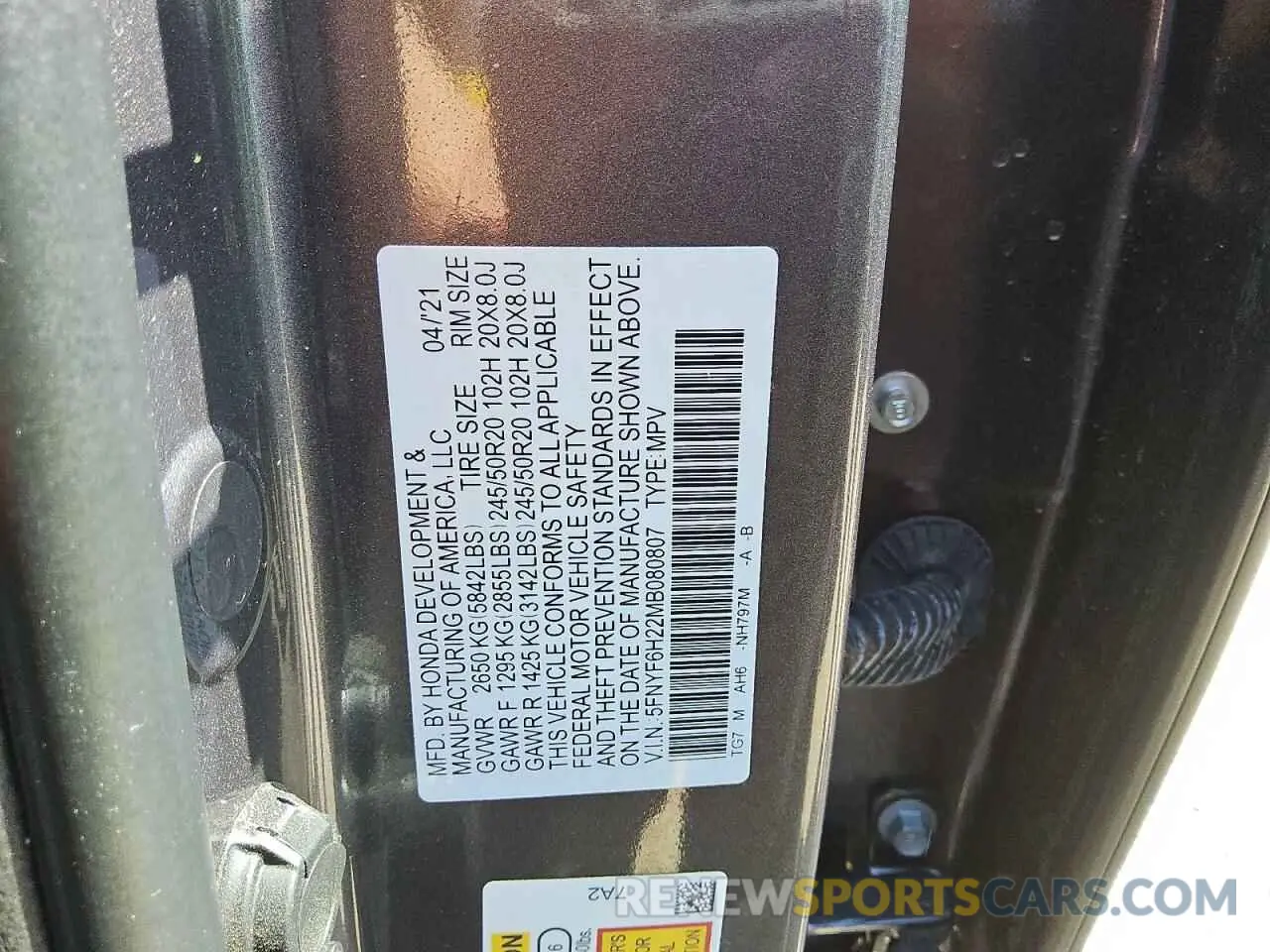 13 Photograph of a damaged car 5FNYF6H22MB080807 HONDA PILOT 2021