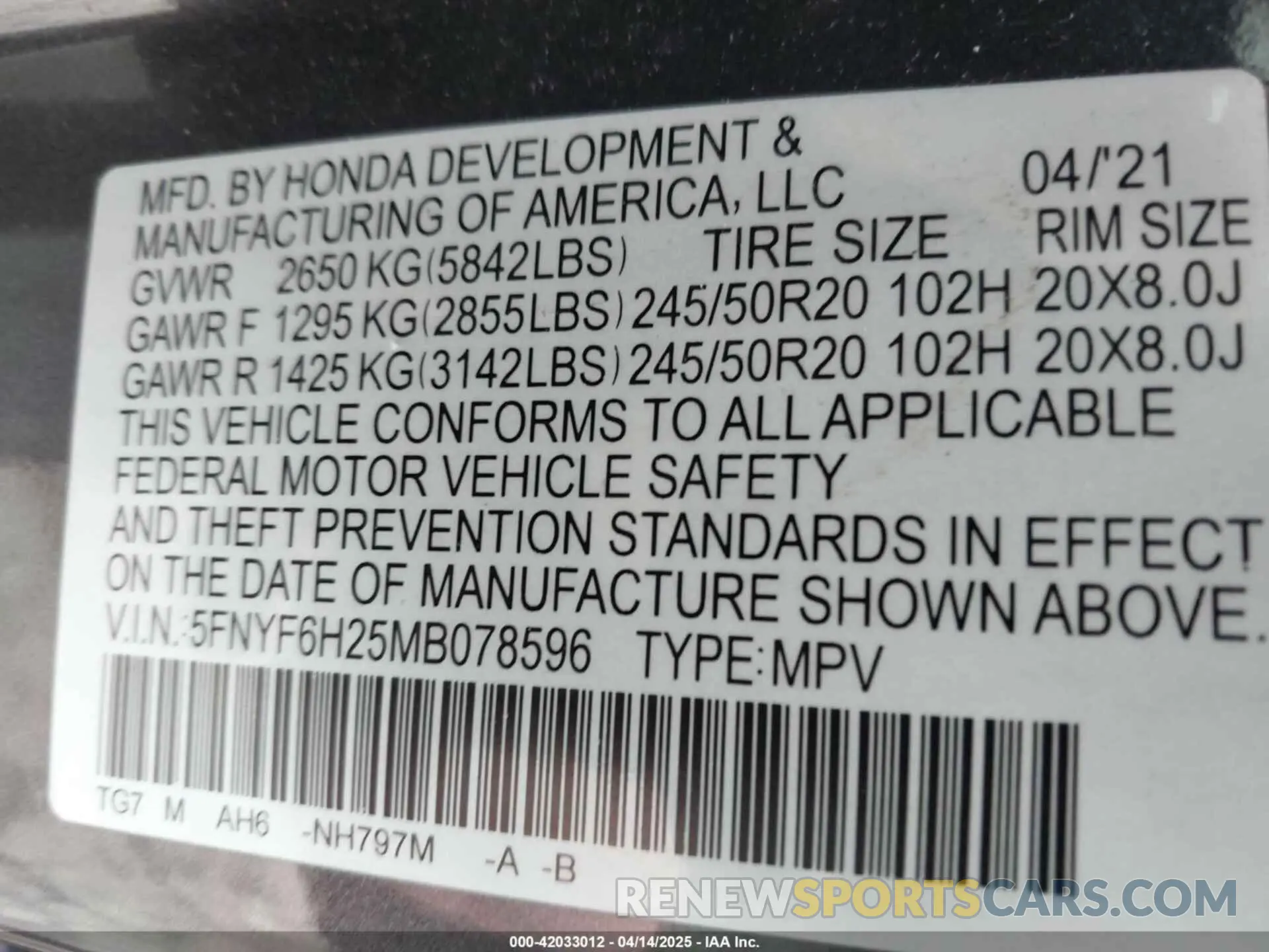 9 Photograph of a damaged car 5FNYF6H25MB078596 HONDA PILOT 2021