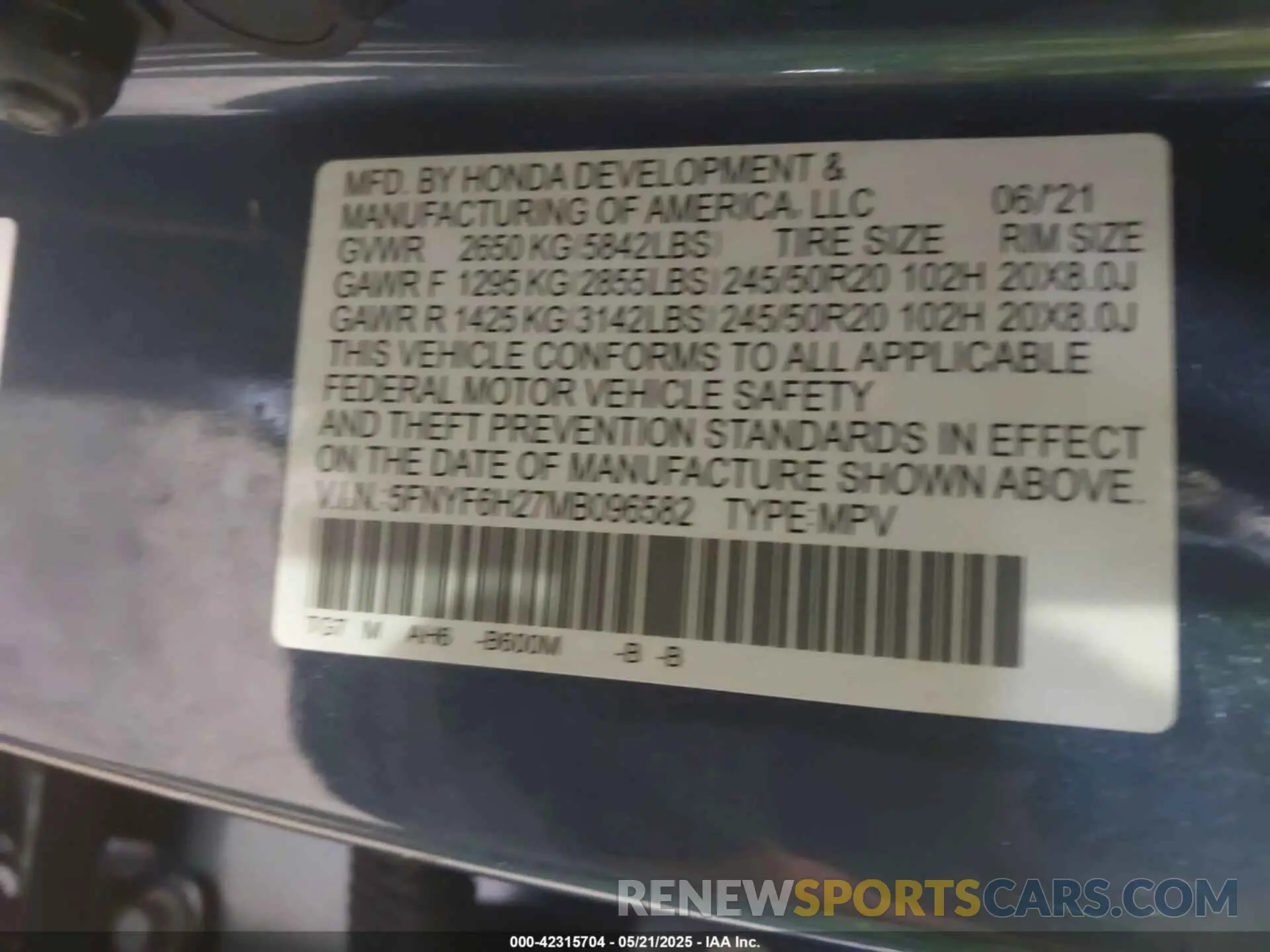 9 Photograph of a damaged car 5FNYF6H27MB096582 HONDA PILOT 2021