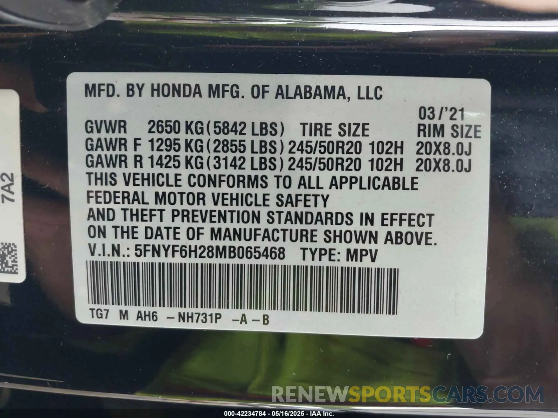 9 Photograph of a damaged car 5FNYF6H28MB065468 HONDA PILOT 2021