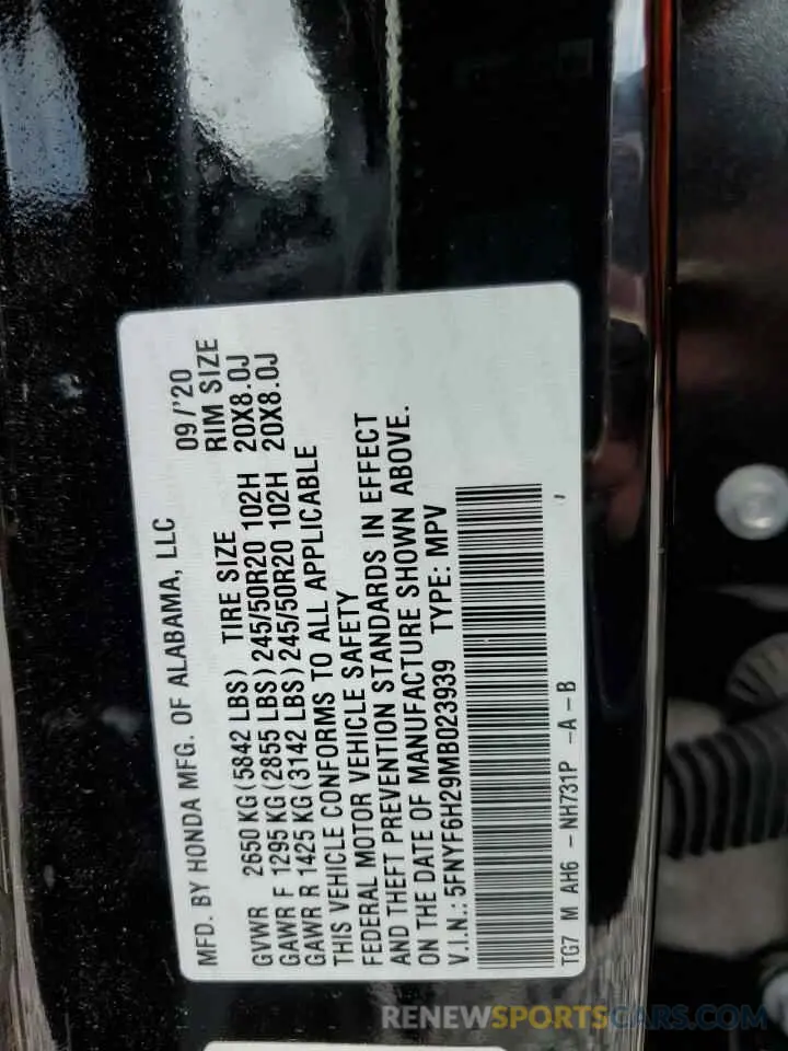 13 Photograph of a damaged car 5FNYF6H29MB023939 HONDA PILOT 2021
