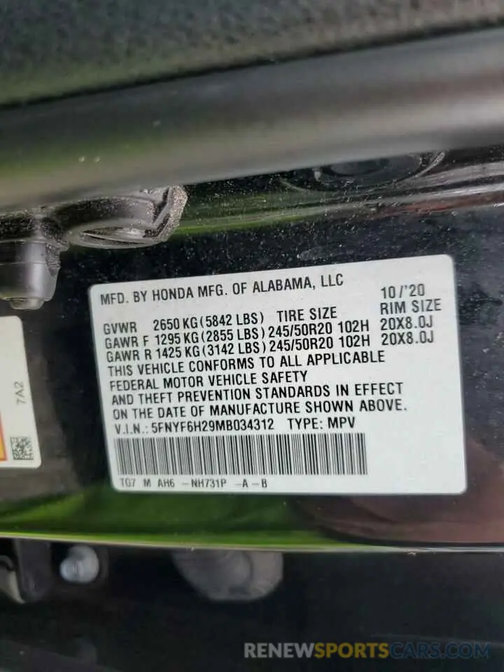 13 Photograph of a damaged car 5FNYF6H29MB034312 HONDA PILOT 2021