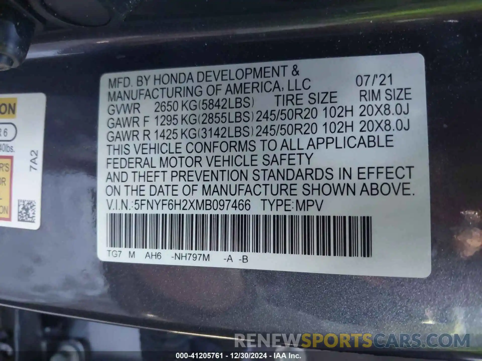 9 Photograph of a damaged car 5FNYF6H2XMB097466 HONDA PILOT 2021