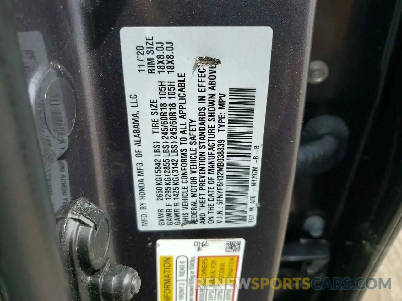 13 Photograph of a damaged car 5FNYF6H32MB038839 HONDA PILOT 2021