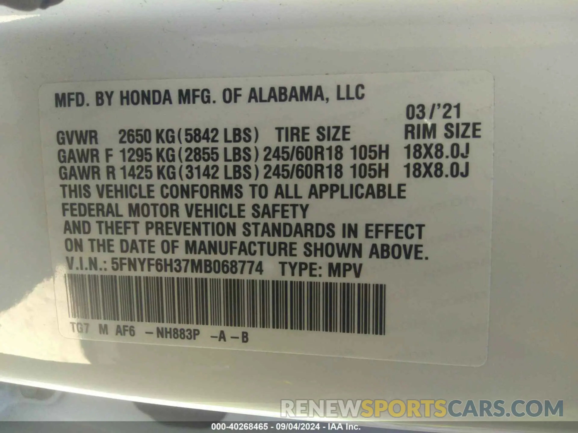 9 Photograph of a damaged car 5FNYF6H37MB068774 HONDA PILOT 2021