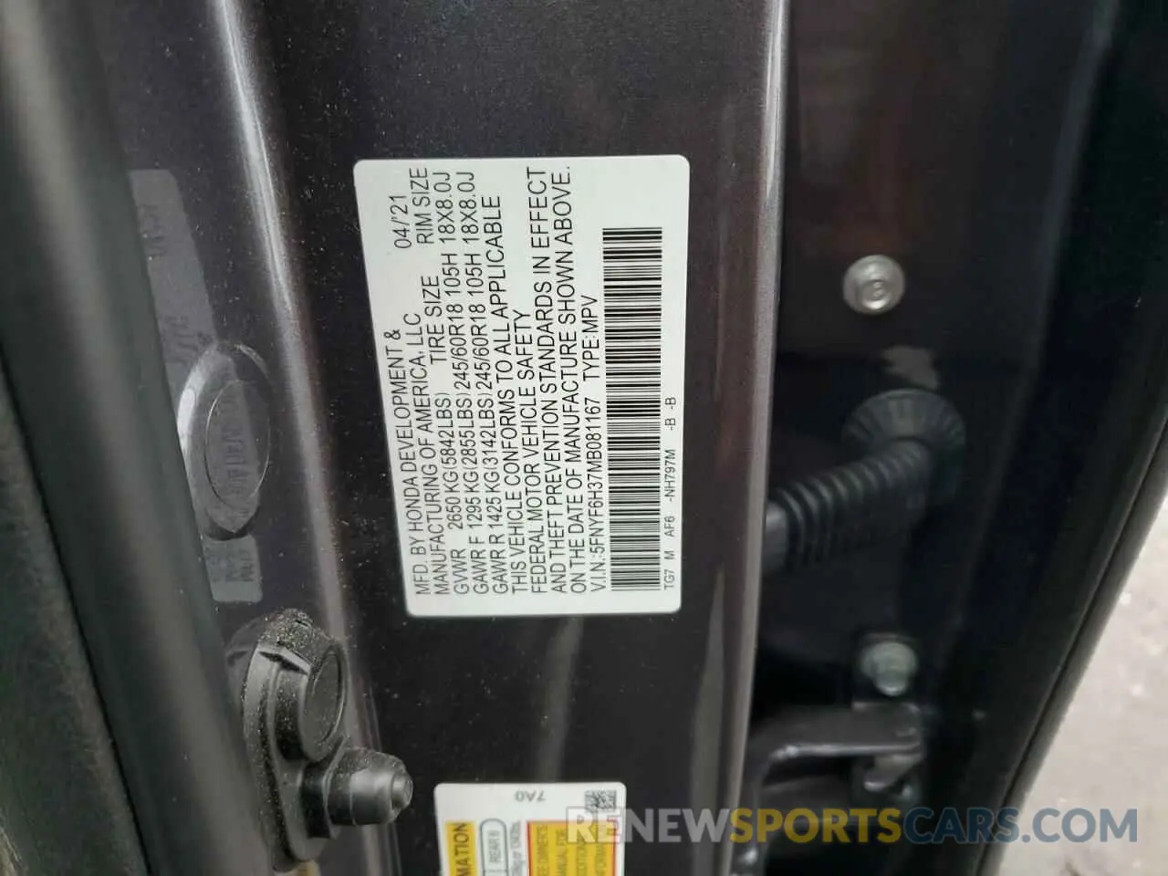 13 Photograph of a damaged car 5FNYF6H37MB081167 HONDA PILOT 2021