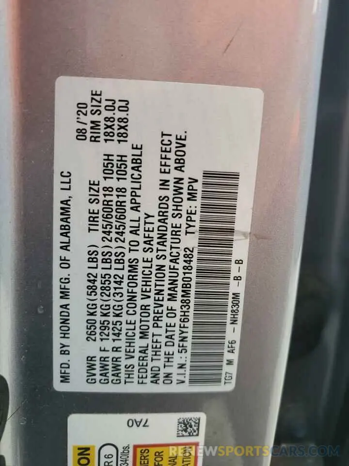 13 Photograph of a damaged car 5FNYF6H38MB018482 HONDA PILOT 2021