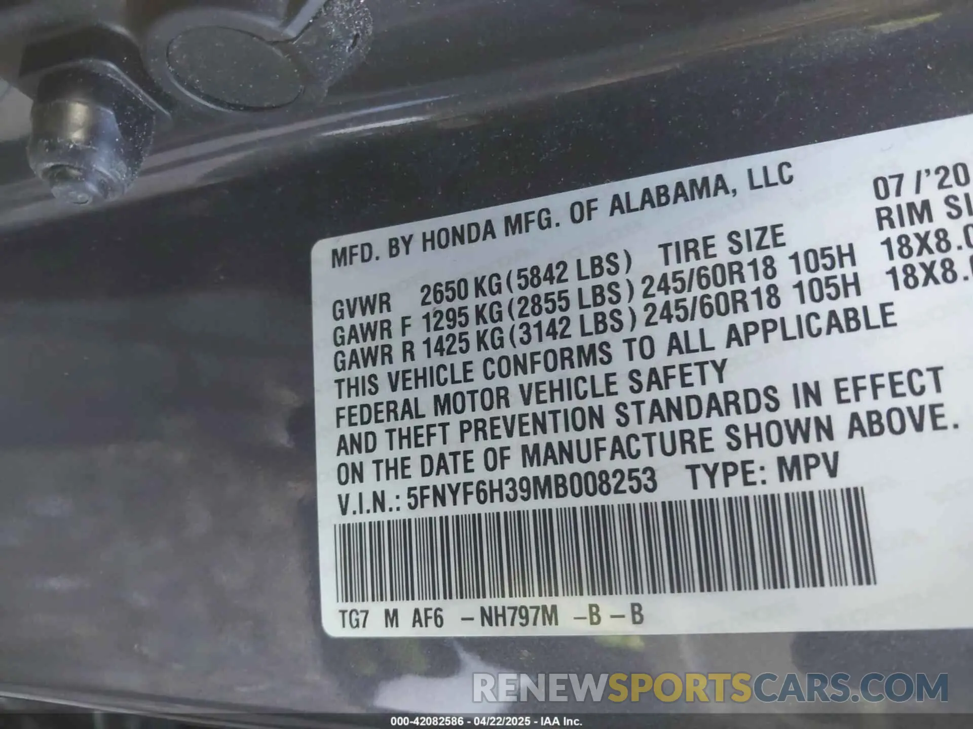 9 Photograph of a damaged car 5FNYF6H39MB008253 HONDA PILOT 2021