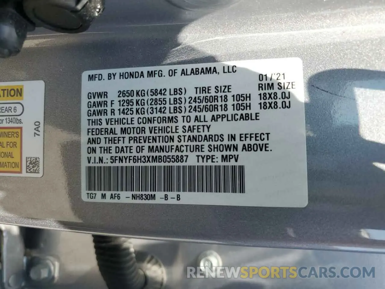 14 Photograph of a damaged car 5FNYF6H3XMB055887 HONDA PILOT 2021