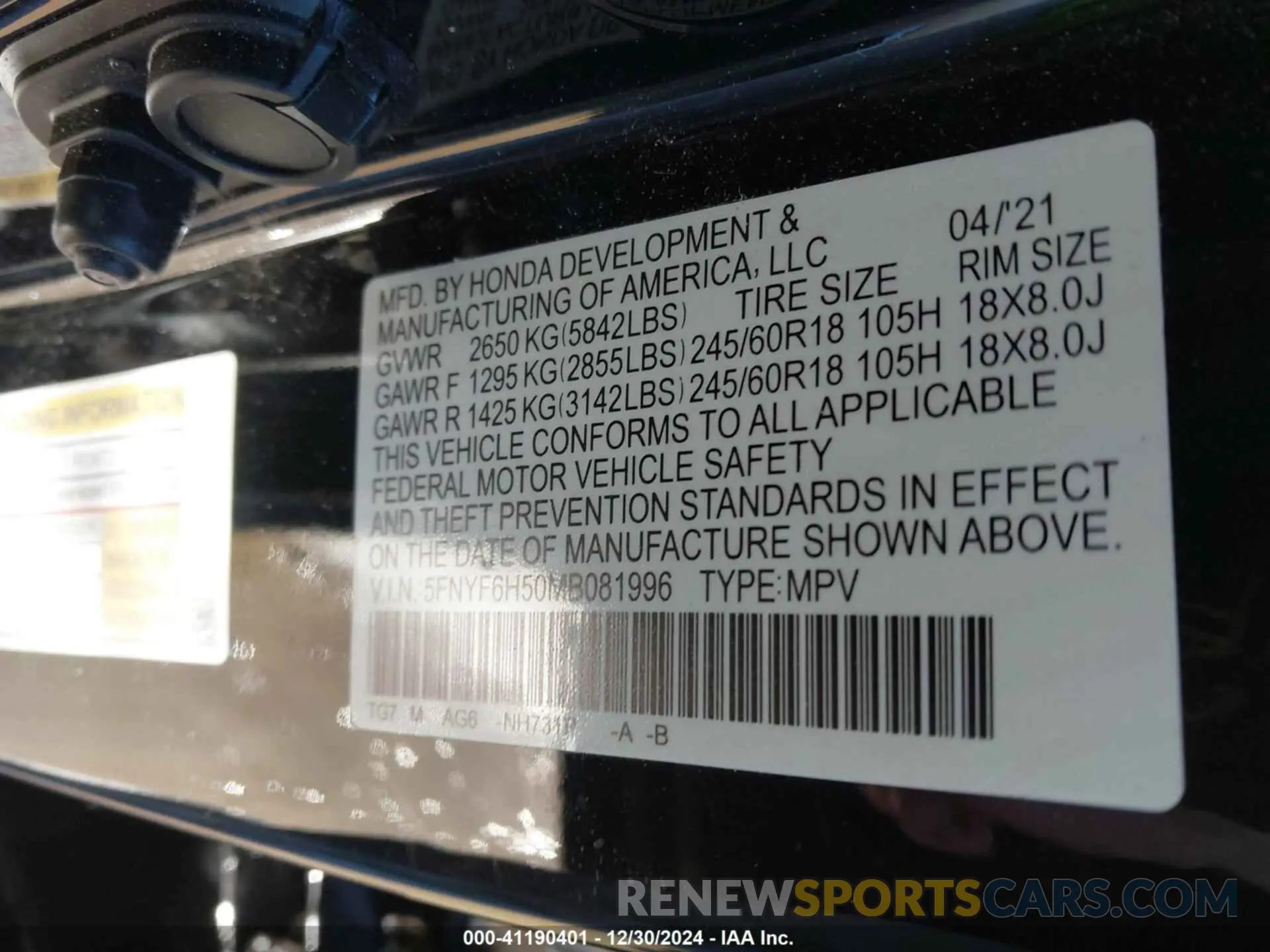 9 Photograph of a damaged car 5FNYF6H50MB081996 HONDA PILOT 2021