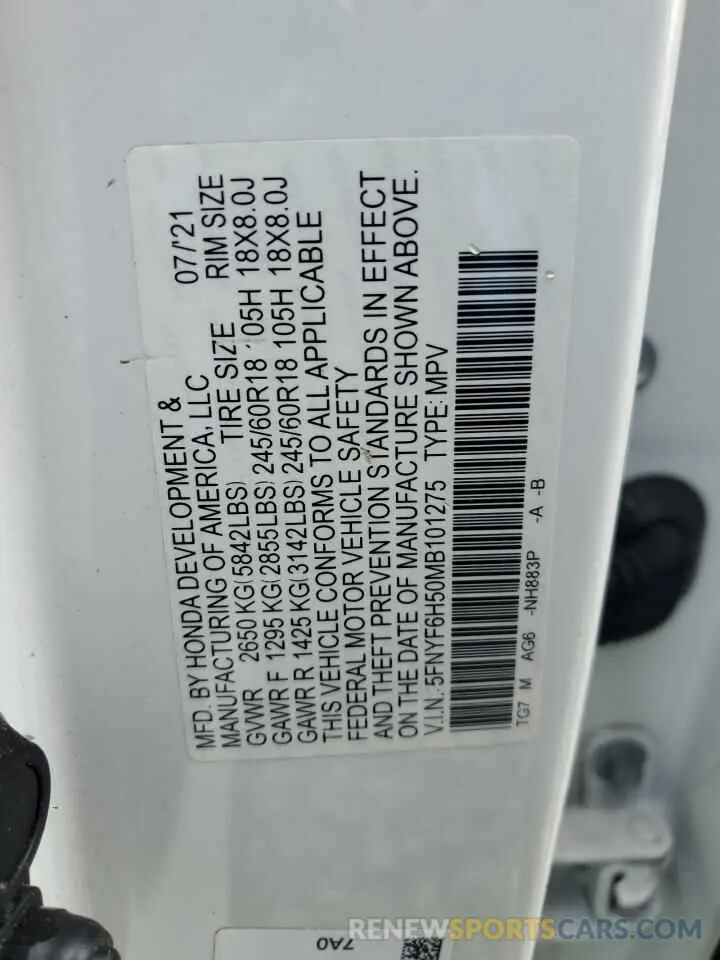 15 Photograph of a damaged car 5FNYF6H50MB101275 HONDA PILOT 2021