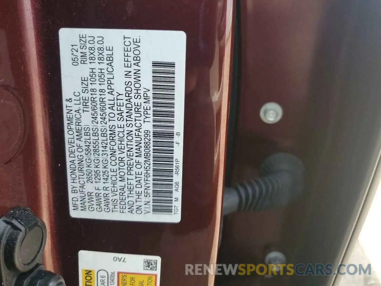 12 Photograph of a damaged car 5FNYF6H52MB088299 HONDA PILOT 2021