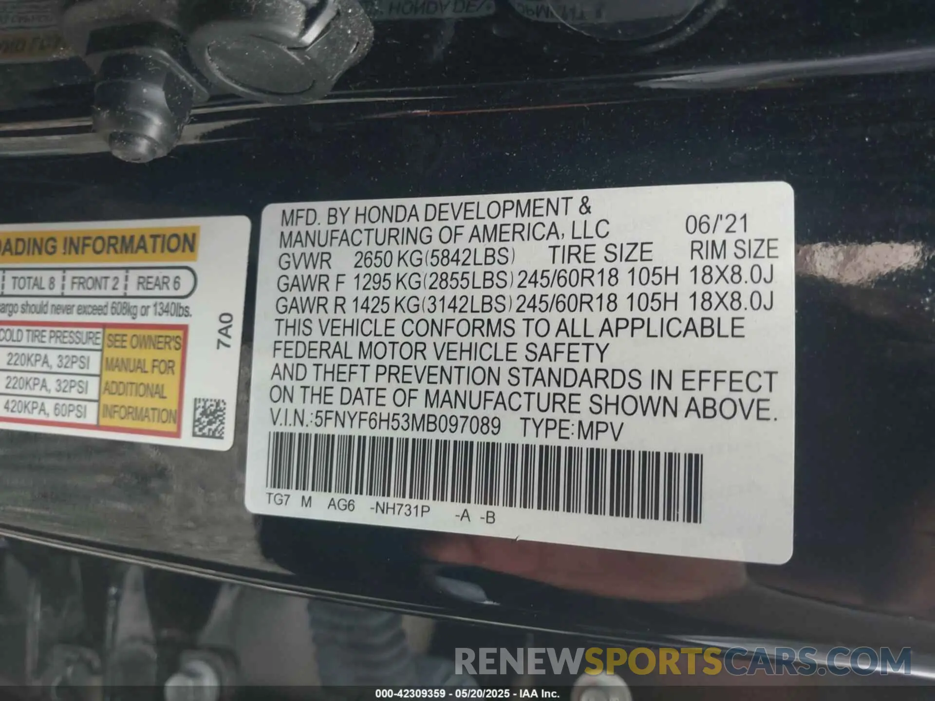 9 Photograph of a damaged car 5FNYF6H53MB097089 HONDA PILOT 2021
