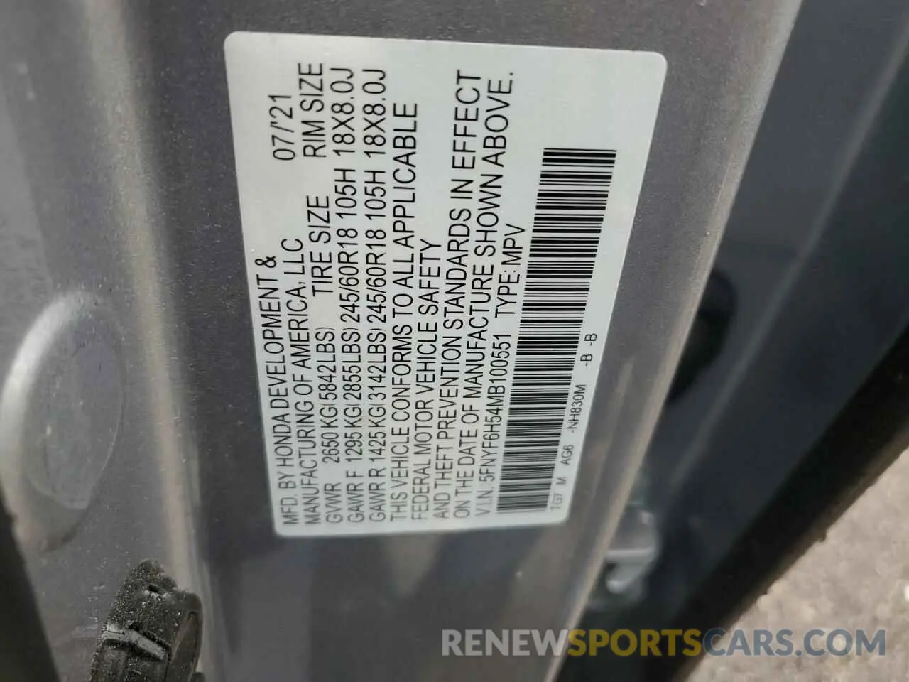 12 Photograph of a damaged car 5FNYF6H54MB100551 HONDA PILOT 2021