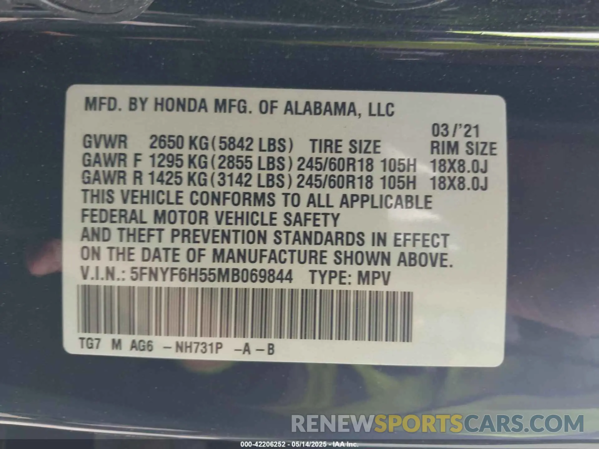 9 Photograph of a damaged car 5FNYF6H55MB069844 HONDA PILOT 2021