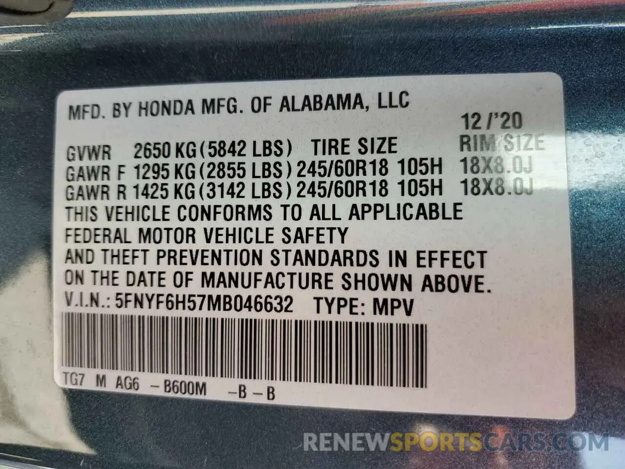 13 Photograph of a damaged car 5FNYF6H57MB046632 HONDA PILOT 2021