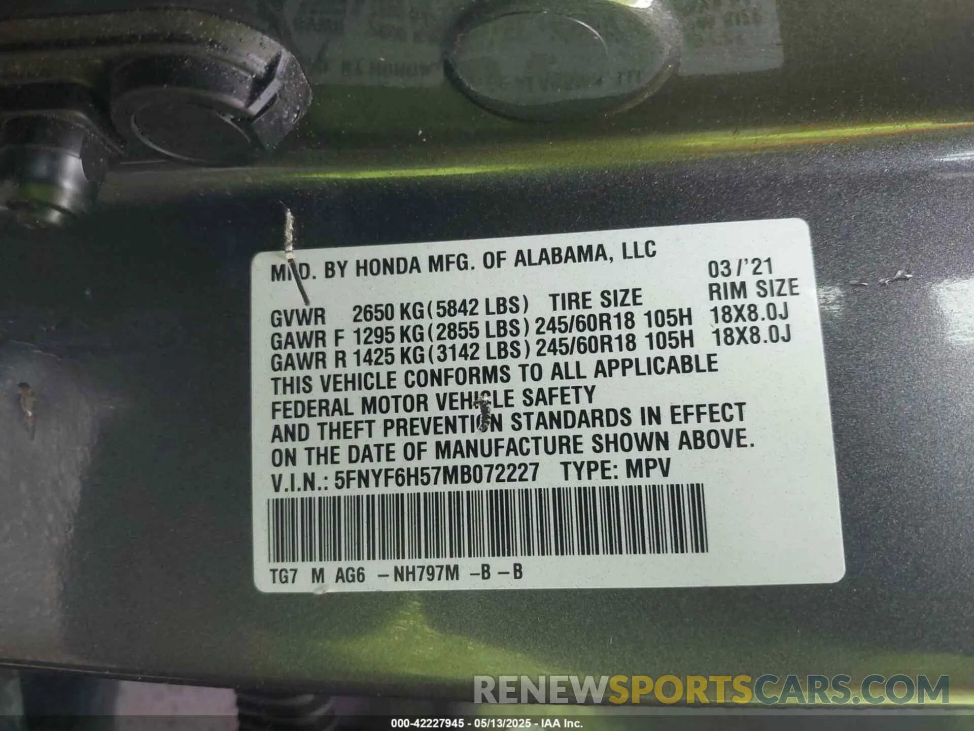 9 Photograph of a damaged car 5FNYF6H57MB072227 HONDA PILOT 2021