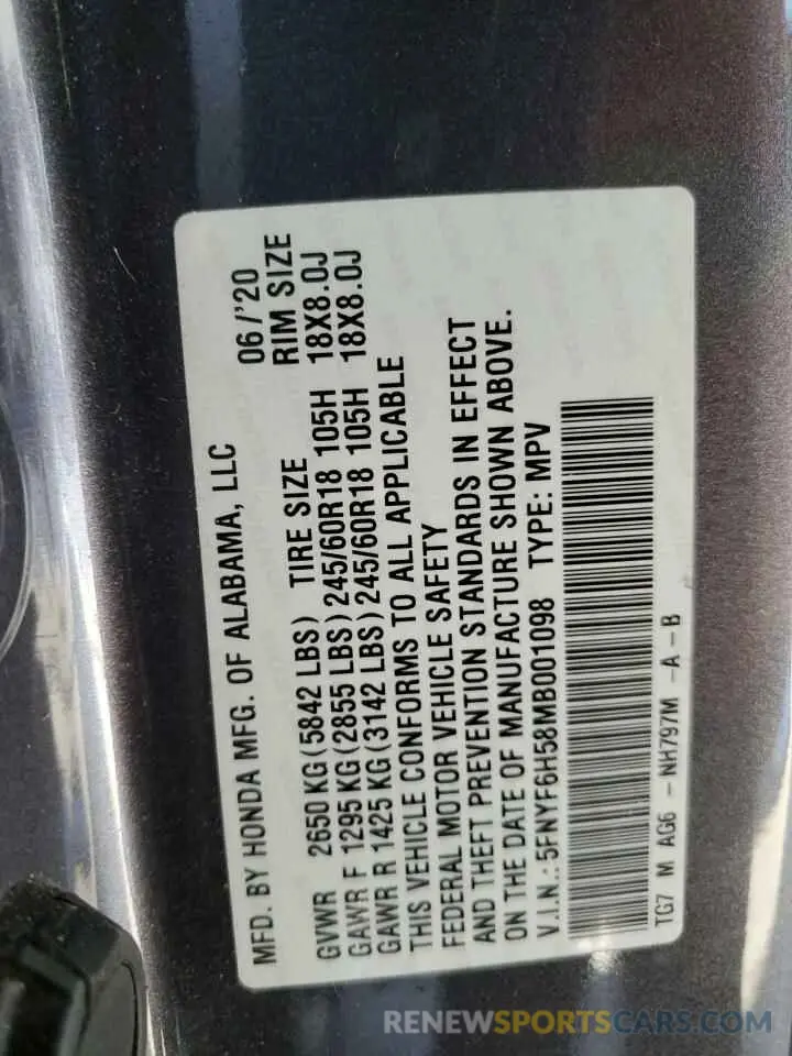 13 Photograph of a damaged car 5FNYF6H58MB001098 HONDA PILOT 2021