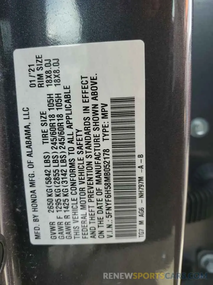 13 Photograph of a damaged car 5FNYF6H58MB052178 HONDA PILOT 2021