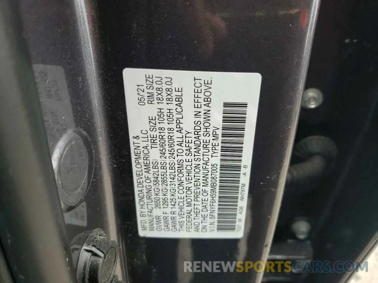 13 Photograph of a damaged car 5FNYF6H59MB087005 HONDA PILOT 2021