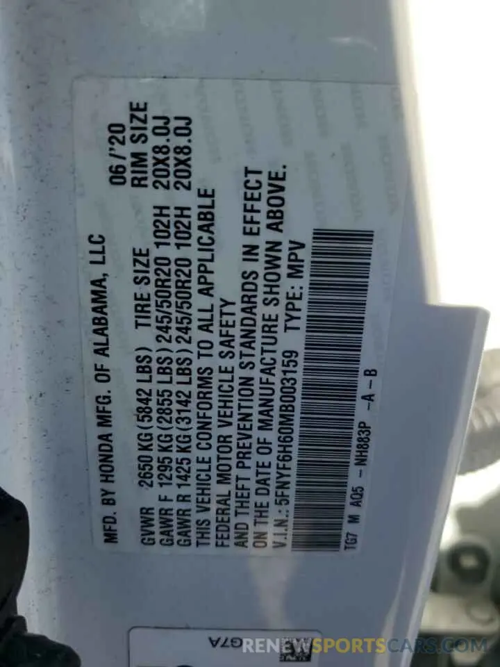 13 Photograph of a damaged car 5FNYF6H60MB003159 HONDA PILOT 2021