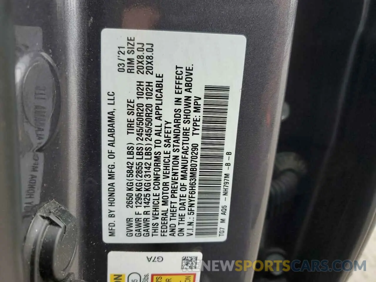 13 Photograph of a damaged car 5FNYF6H63MB070290 HONDA PILOT 2021