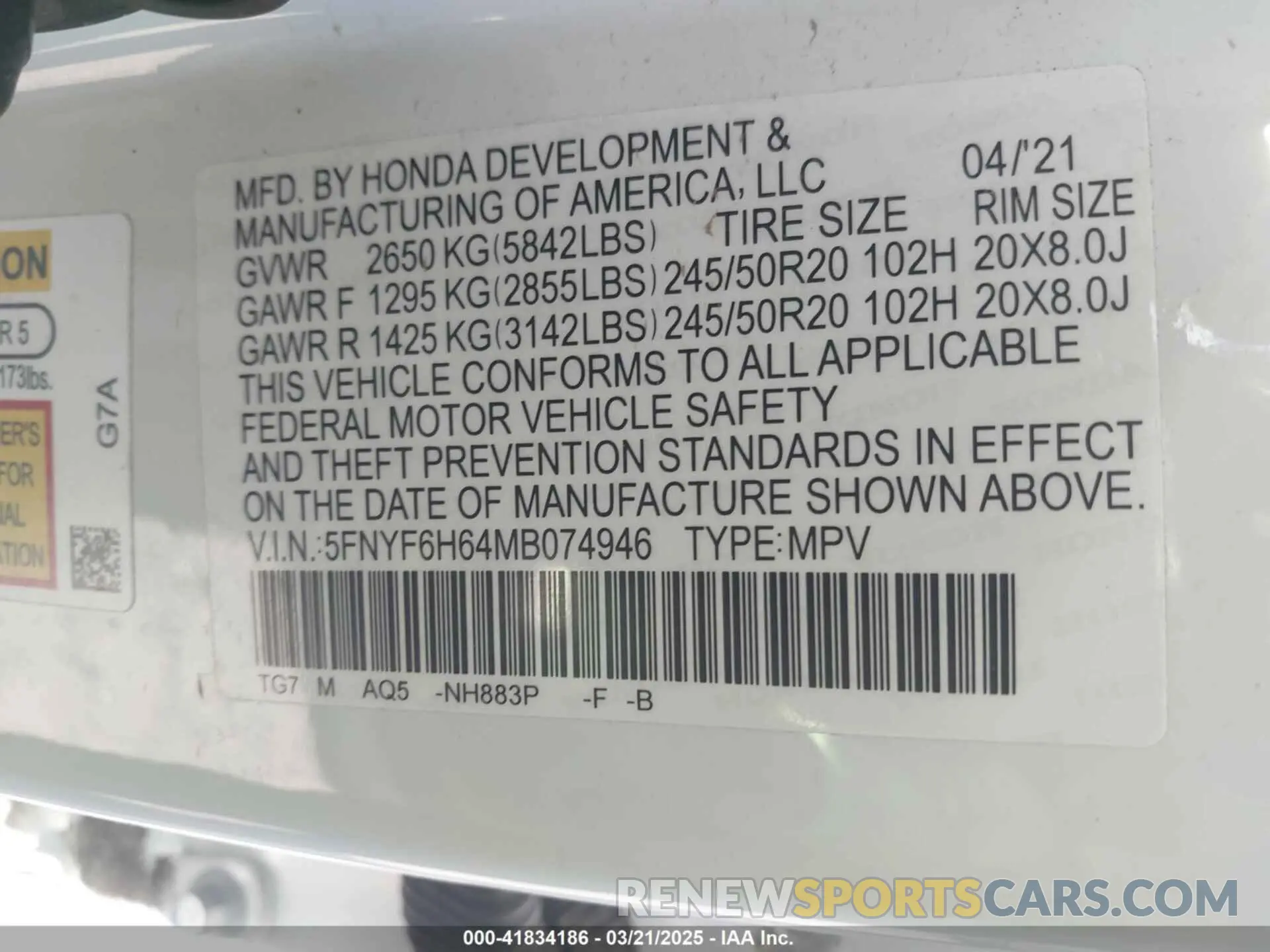 9 Photograph of a damaged car 5FNYF6H64MB074946 HONDA PILOT 2021