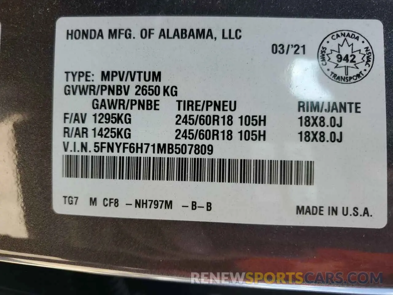 13 Photograph of a damaged car 5FNYF6H71MB507809 HONDA PILOT 2021
