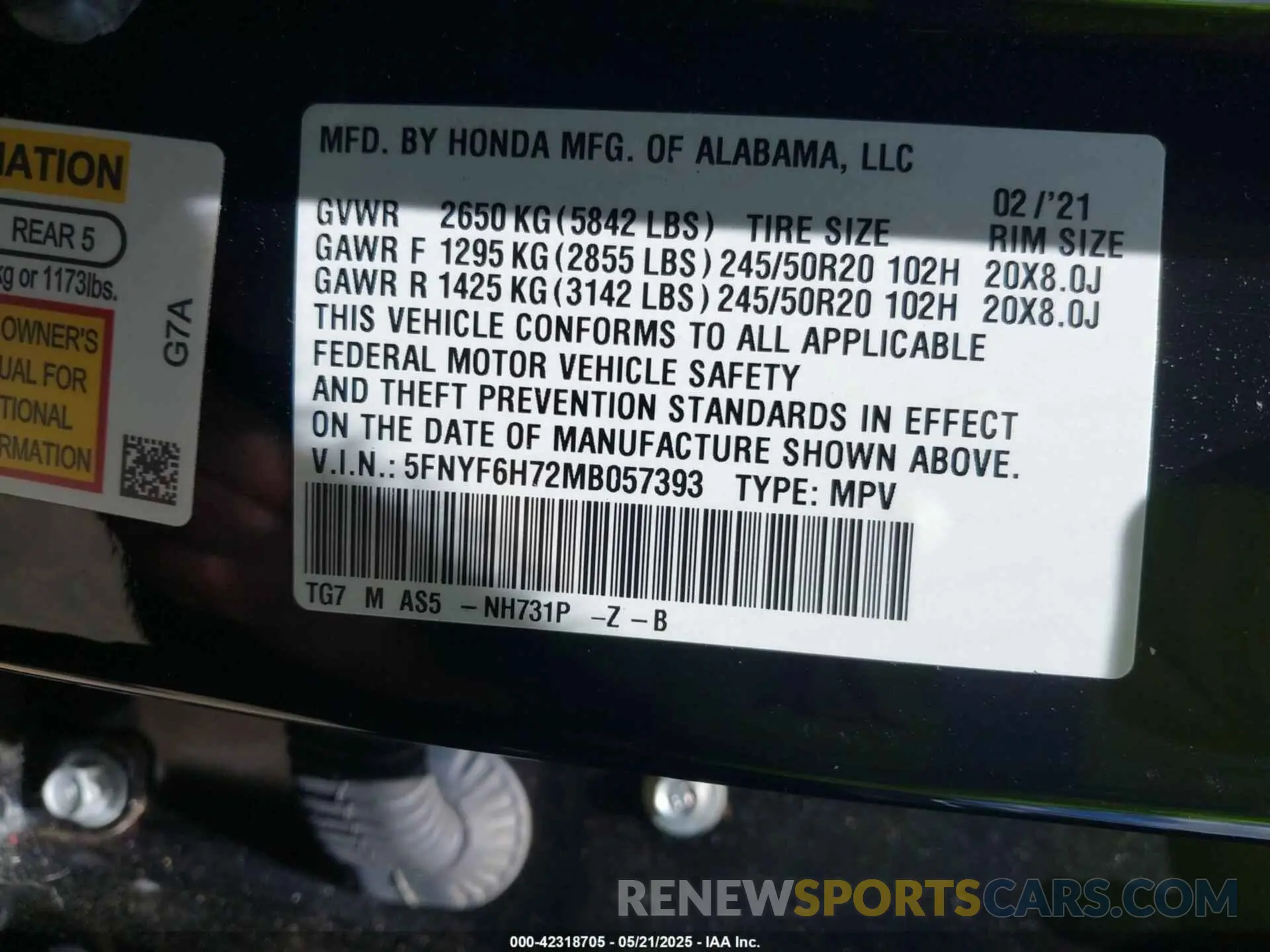 9 Photograph of a damaged car 5FNYF6H72MB057393 HONDA PILOT 2021
