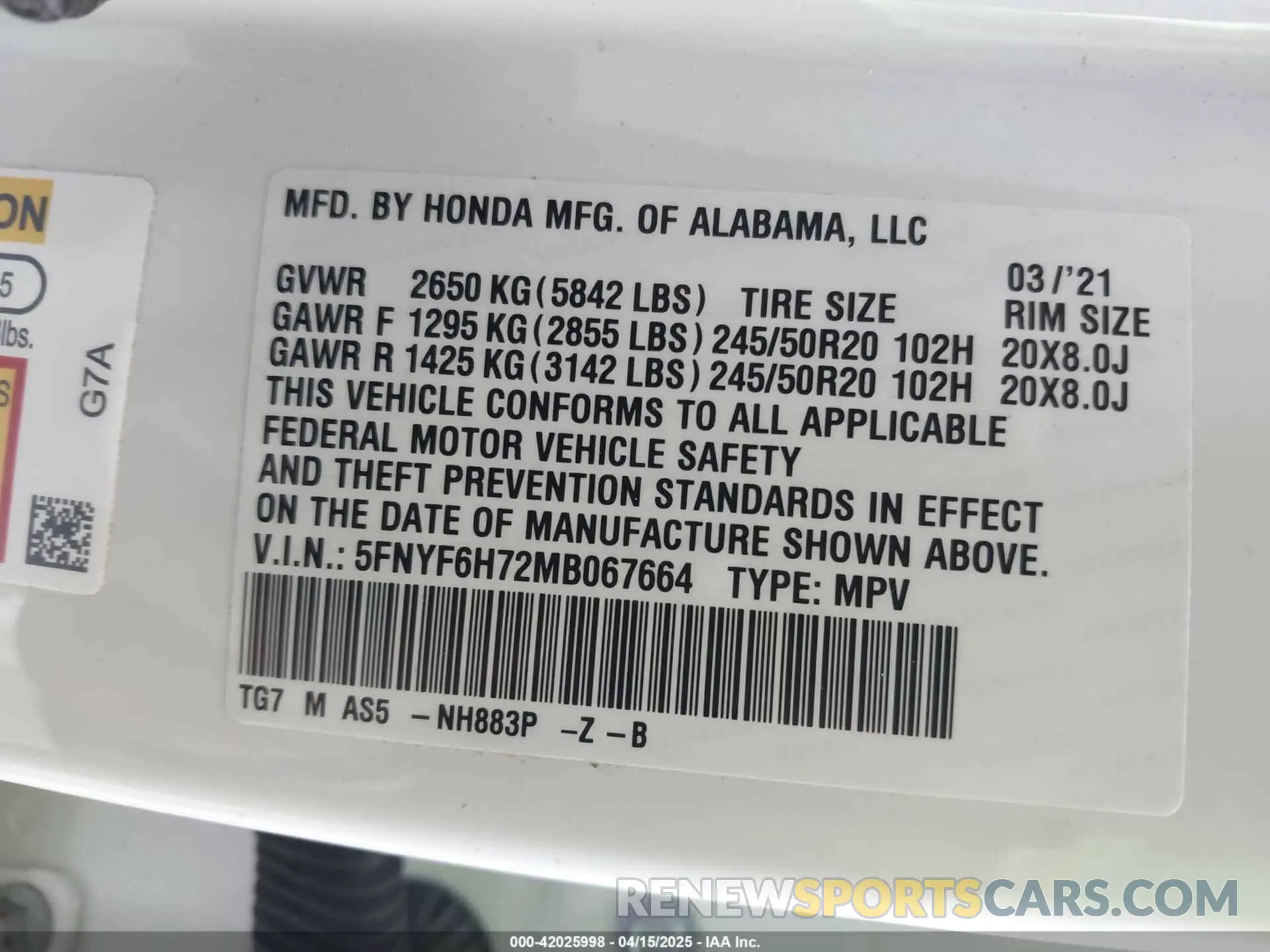 9 Photograph of a damaged car 5FNYF6H72MB067664 HONDA PILOT 2021