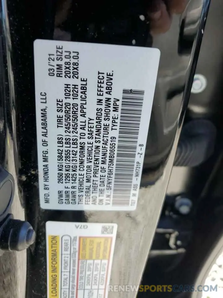 14 Photograph of a damaged car 5FNYF6H75MB065519 HONDA PILOT 2021