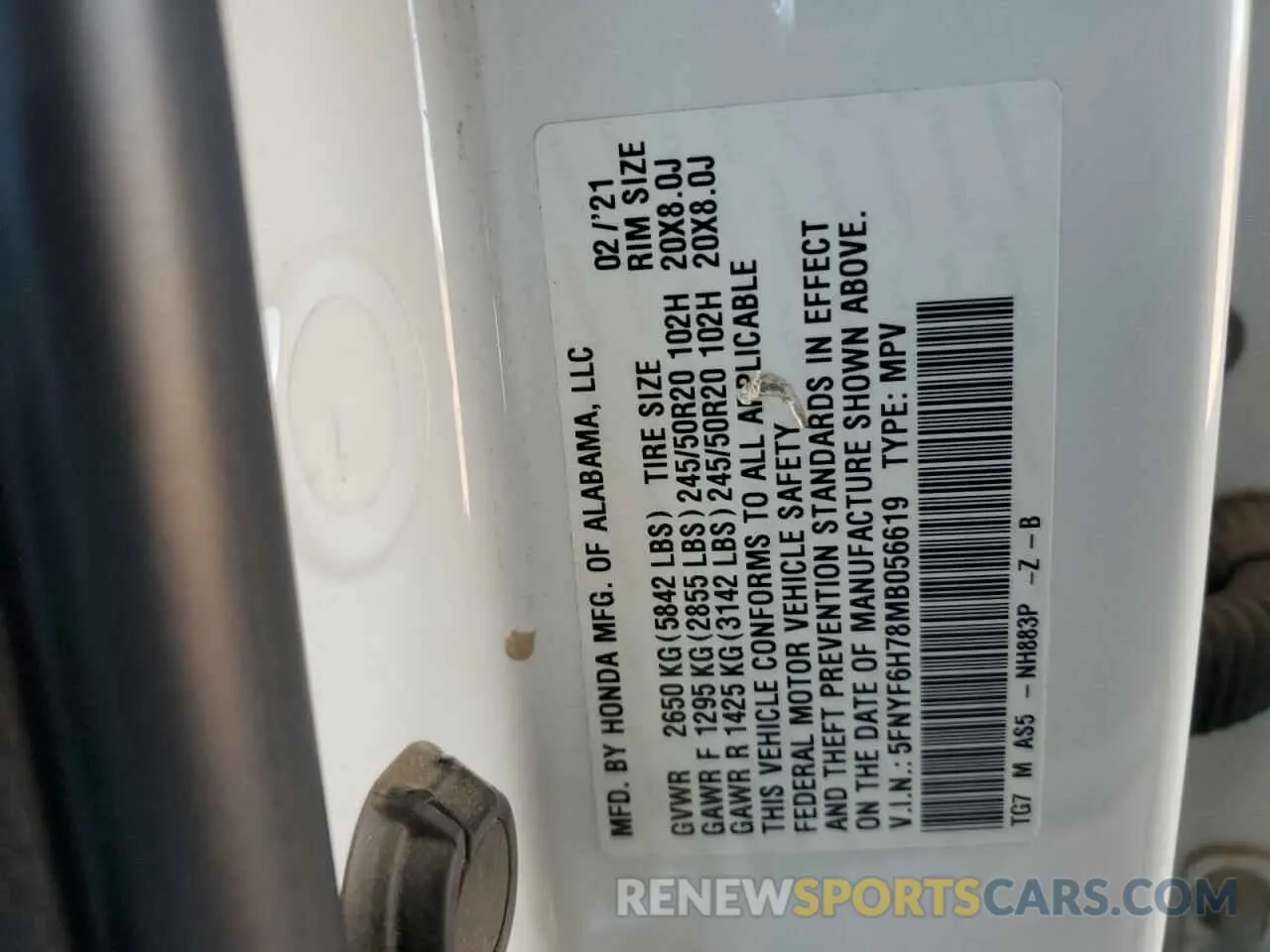 12 Photograph of a damaged car 5FNYF6H78MB056619 HONDA PILOT 2021