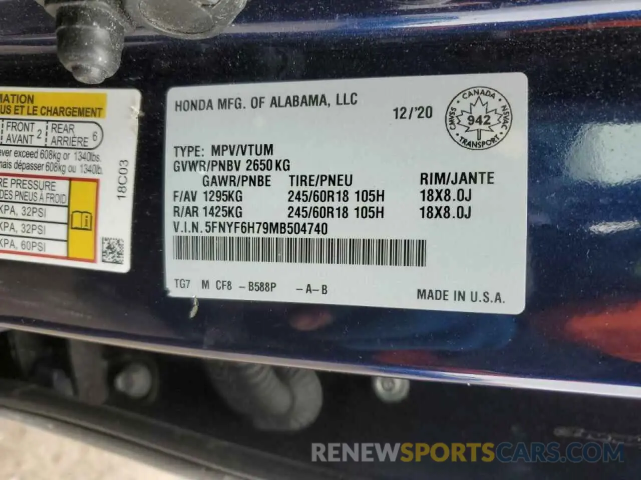 14 Photograph of a damaged car 5FNYF6H79MB504740 HONDA PILOT 2021
