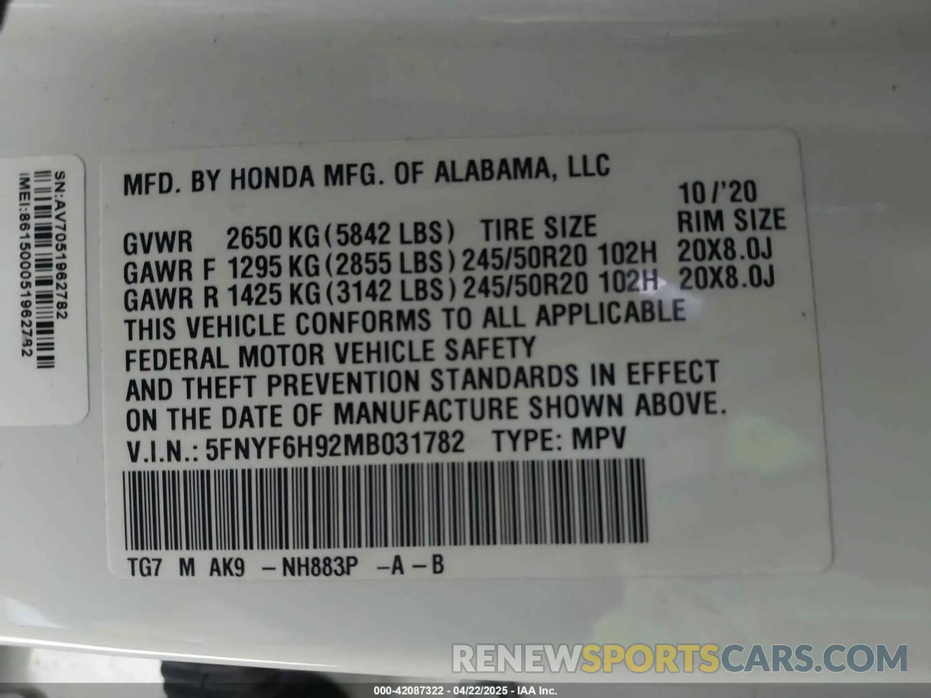 9 Photograph of a damaged car 5FNYF6H92MB031782 HONDA PILOT 2021