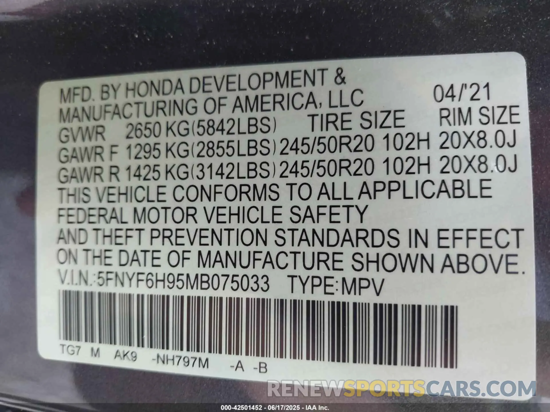 9 Photograph of a damaged car 5FNYF6H95MB075033 HONDA PILOT 2021