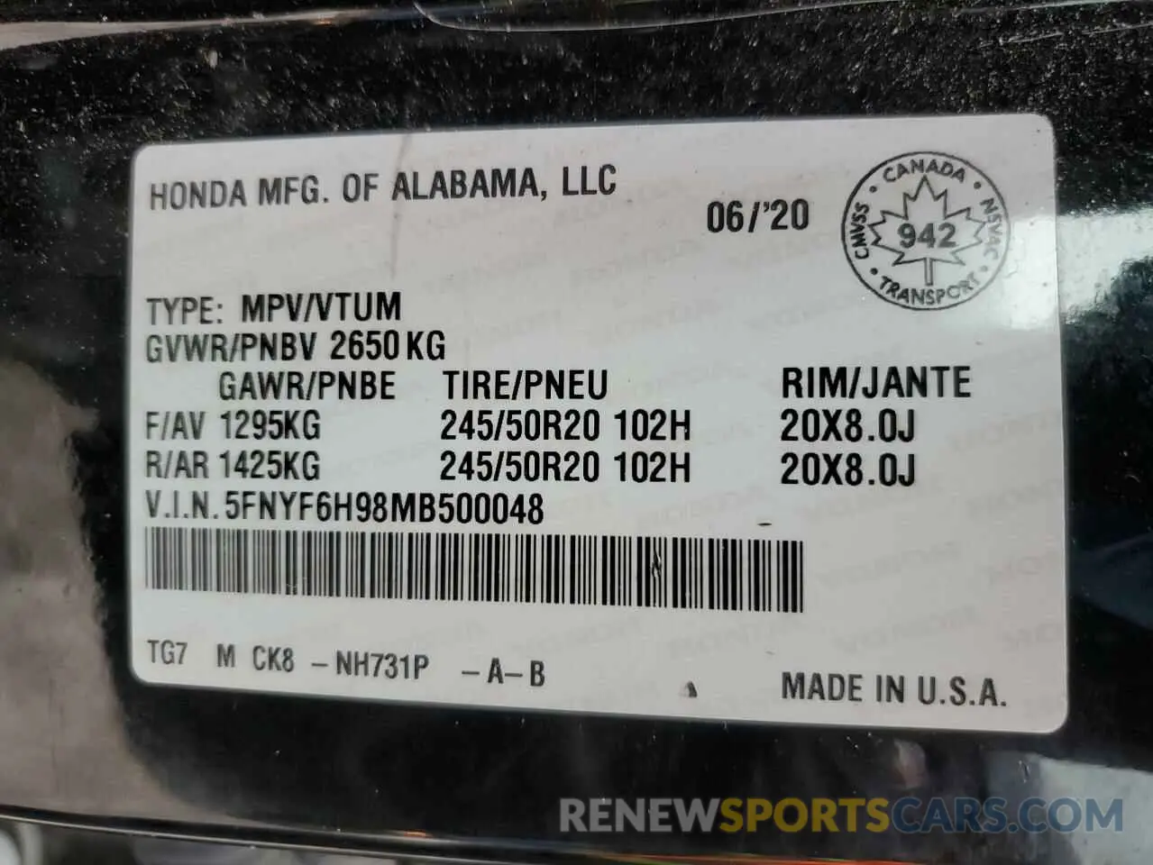 13 Photograph of a damaged car 5FNYF6H98MB500048 HONDA PILOT 2021