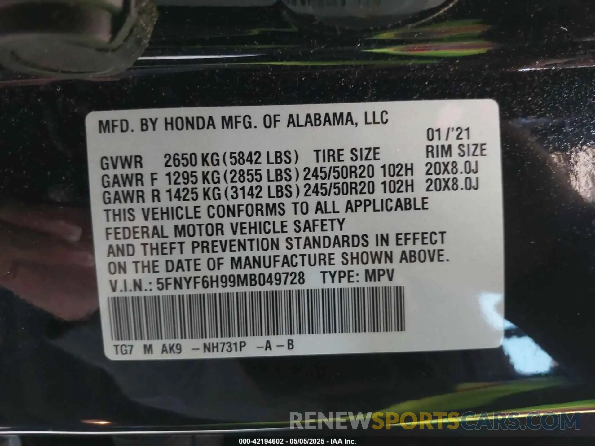 9 Photograph of a damaged car 5FNYF6H99MB049728 HONDA PILOT 2021