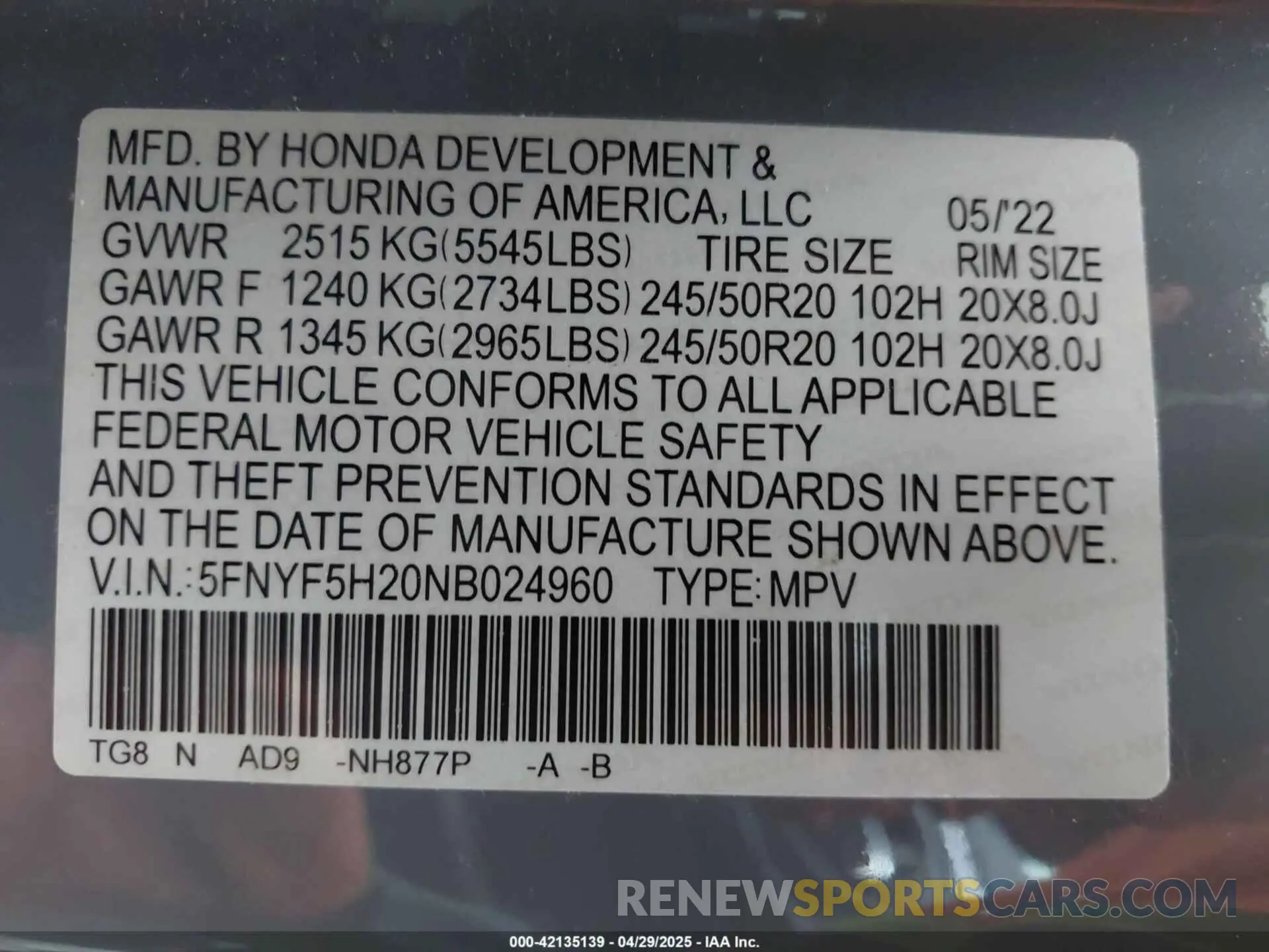 9 Photograph of a damaged car 5FNYF5H20NB024960 HONDA PILOT 2022