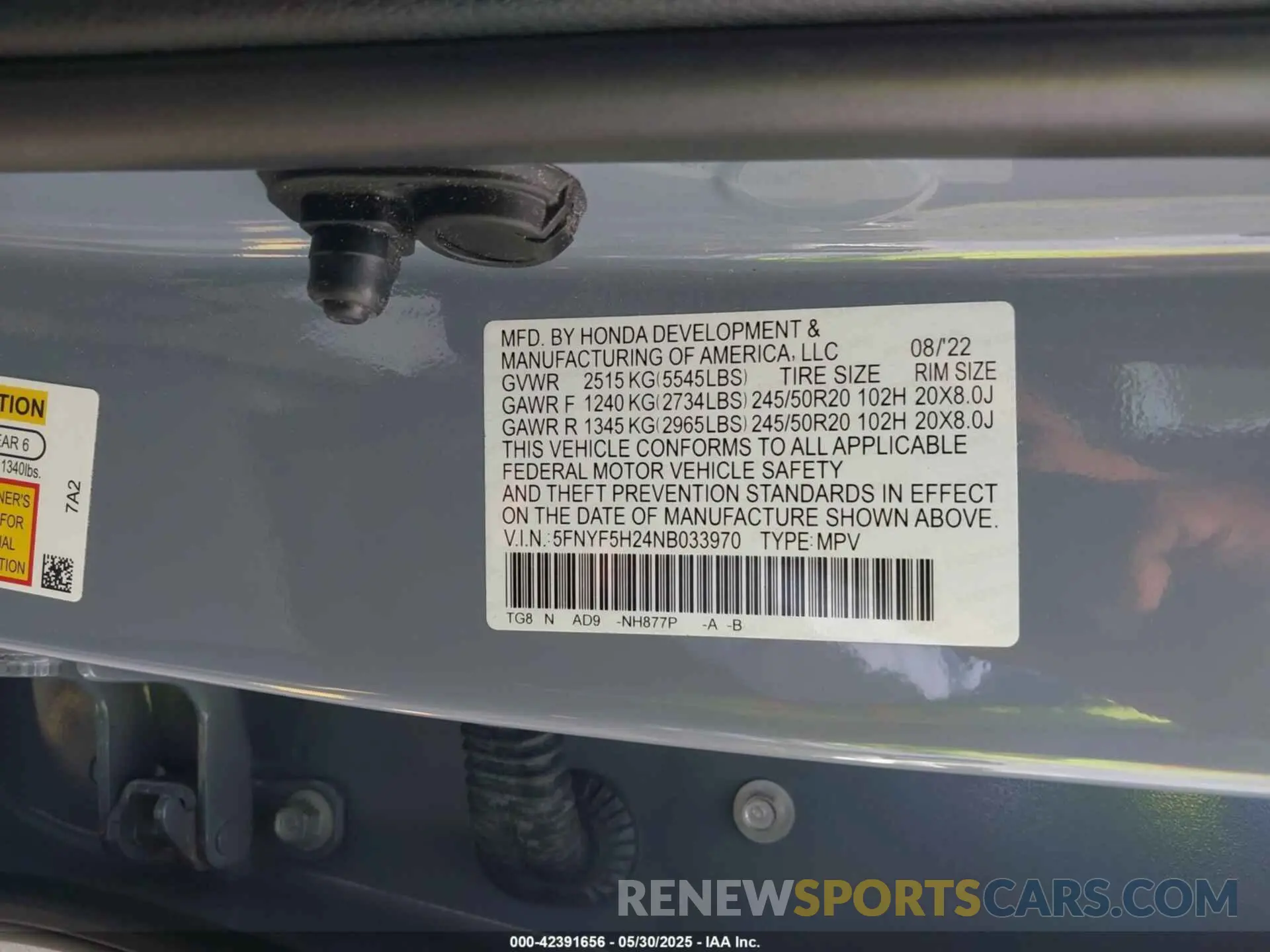9 Photograph of a damaged car 5FNYF5H24NB033970 HONDA PILOT 2022