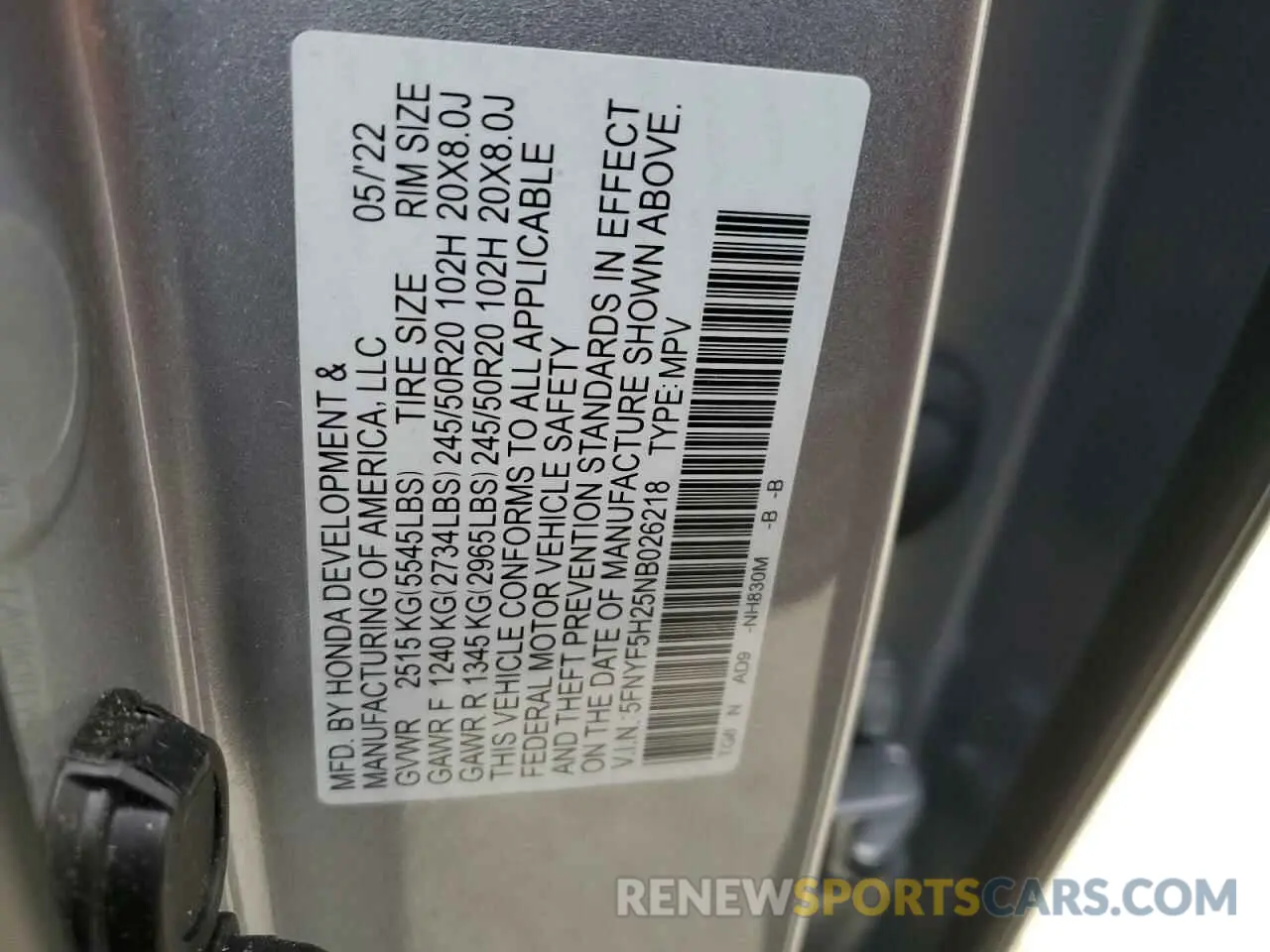 13 Photograph of a damaged car 5FNYF5H25NB026218 HONDA PILOT 2022