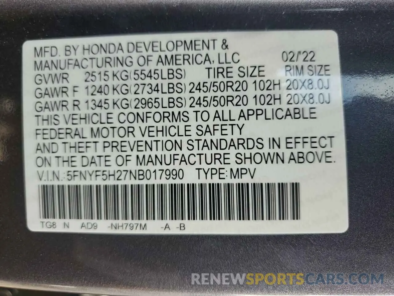 16 Photograph of a damaged car 5FNYF5H27NB017990 HONDA PILOT 2022