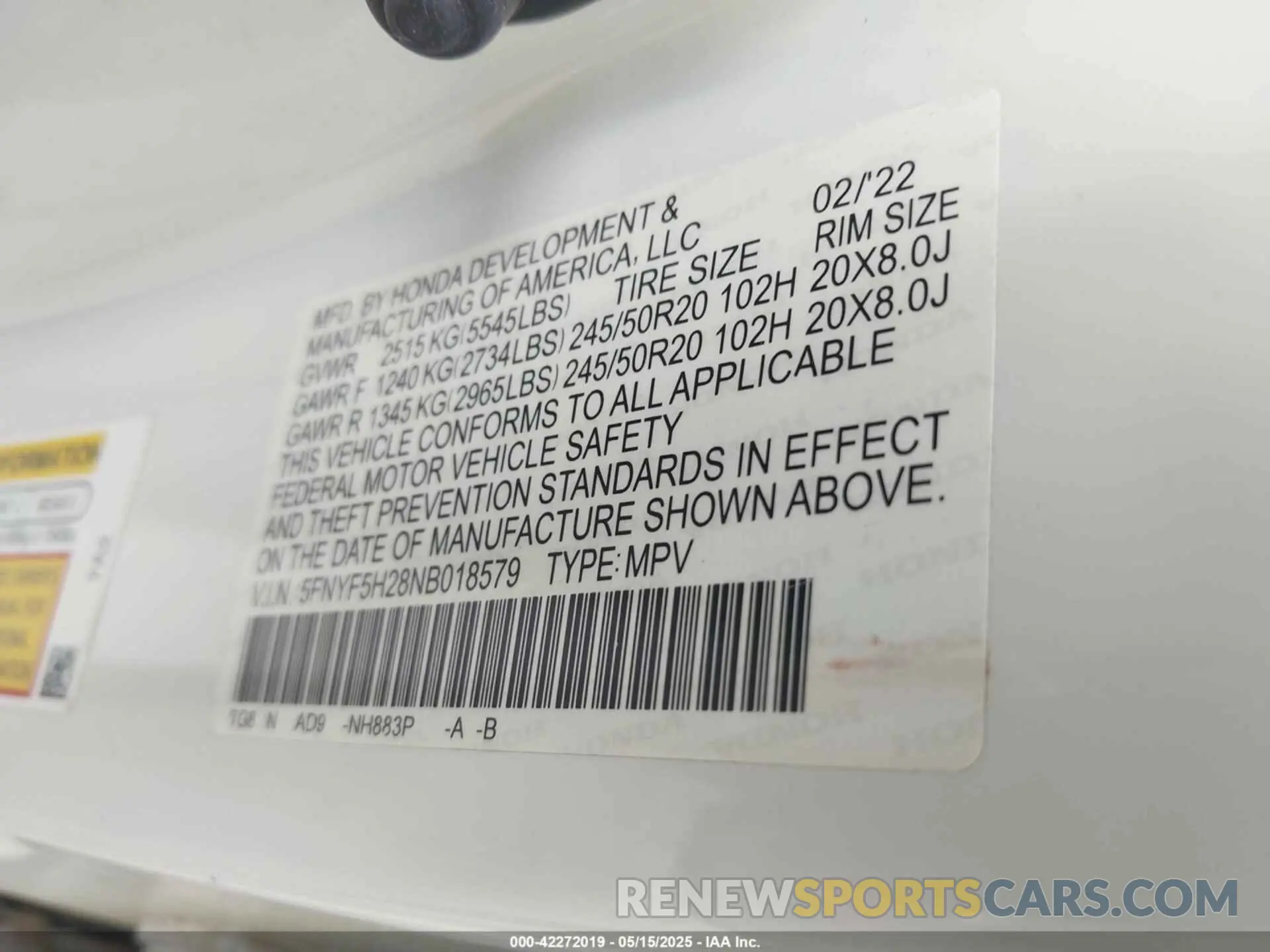9 Photograph of a damaged car 5FNYF5H28NB018579 HONDA PILOT 2022