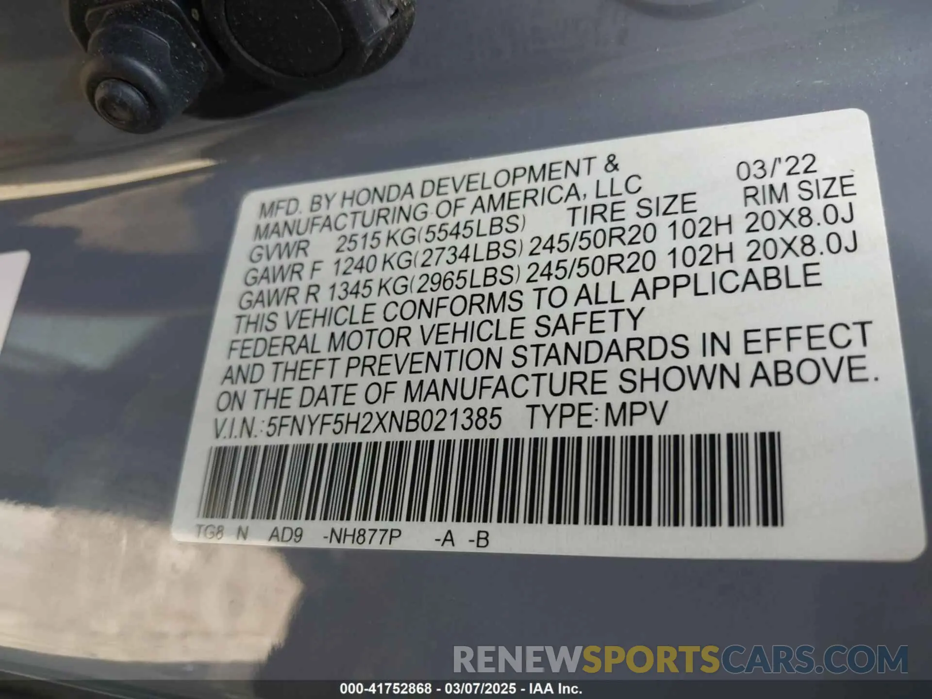 9 Photograph of a damaged car 5FNYF5H2XNB021385 HONDA PILOT 2022