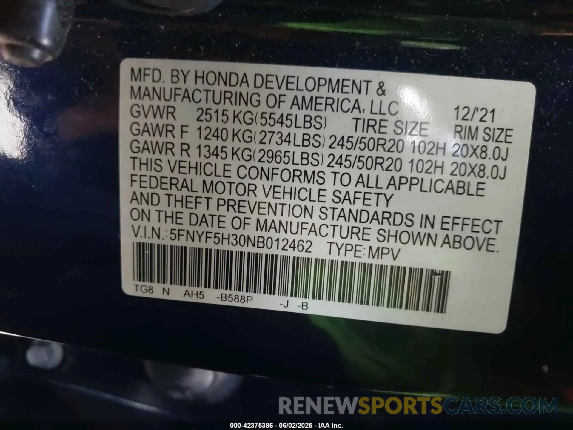 9 Photograph of a damaged car 5FNYF5H30NB012462 HONDA PILOT 2022